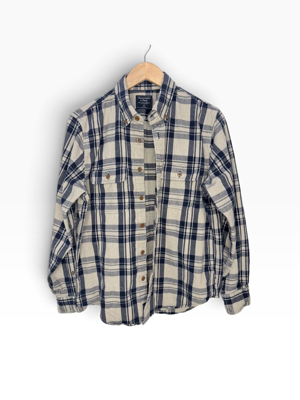 Abercrombie & Fitch Navy and Cream Plaid Button-Down Flannel Shirt